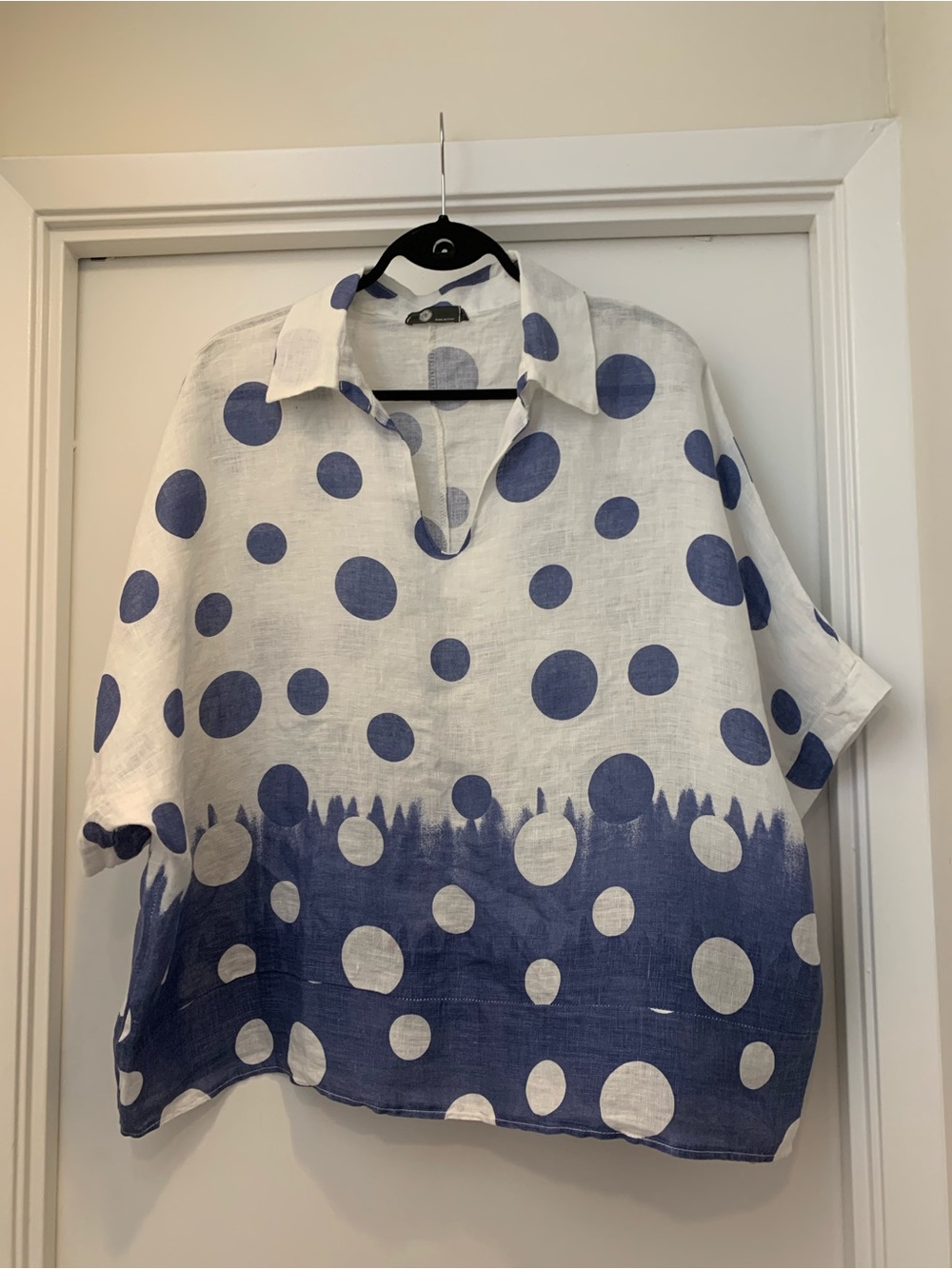White & Blue Polka Dot Linen Blend Blouse